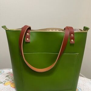 Green Leather Tote Bag with Brown Straps